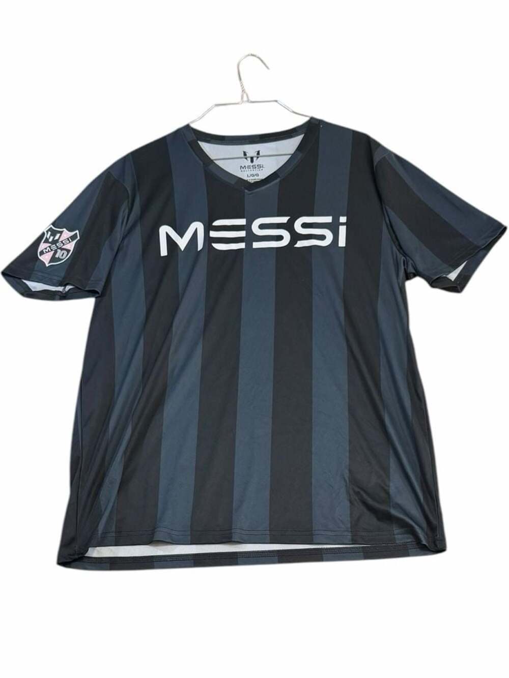 Messi Collection Men's V-Neck Striped Soccer Jersey Performance Shirt Black/Blue